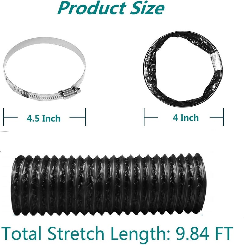 Allvent Dryer Vent Hose 4 Inch Air Duct 9.84 Feet Flexible Adjustable PVC Heavy-Duty Four-Layer Air Duct Hose with 2 Screw Clamps for HVAC Ventilation (Black) - Image 2